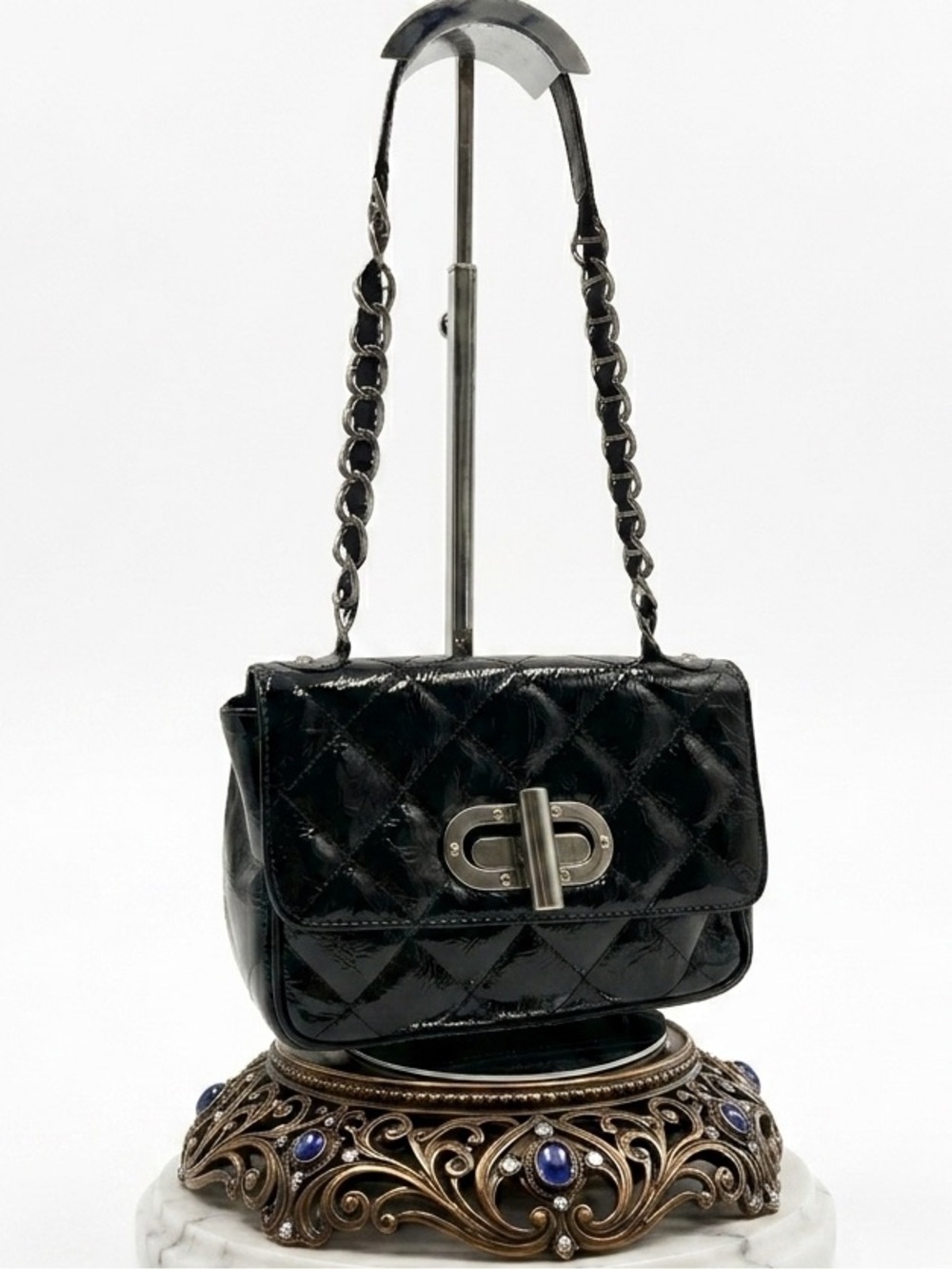 Adriana V. Campanile Black Quilted Patent Leather Chain Shoulder Bag